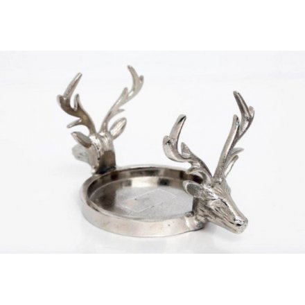 Double Stag Head Silver Candle Holder 1